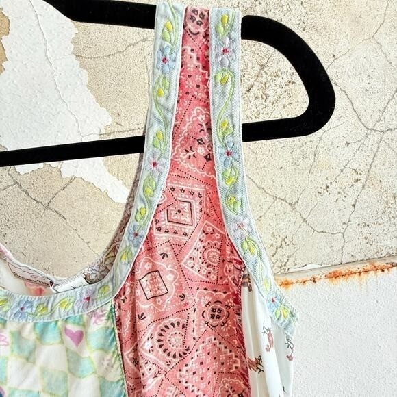 Vtg 90s Patchwork Maxi Dress Rayon Embroidered Trim Tie Back Waist Womens L Boho - Picture 5 of 8